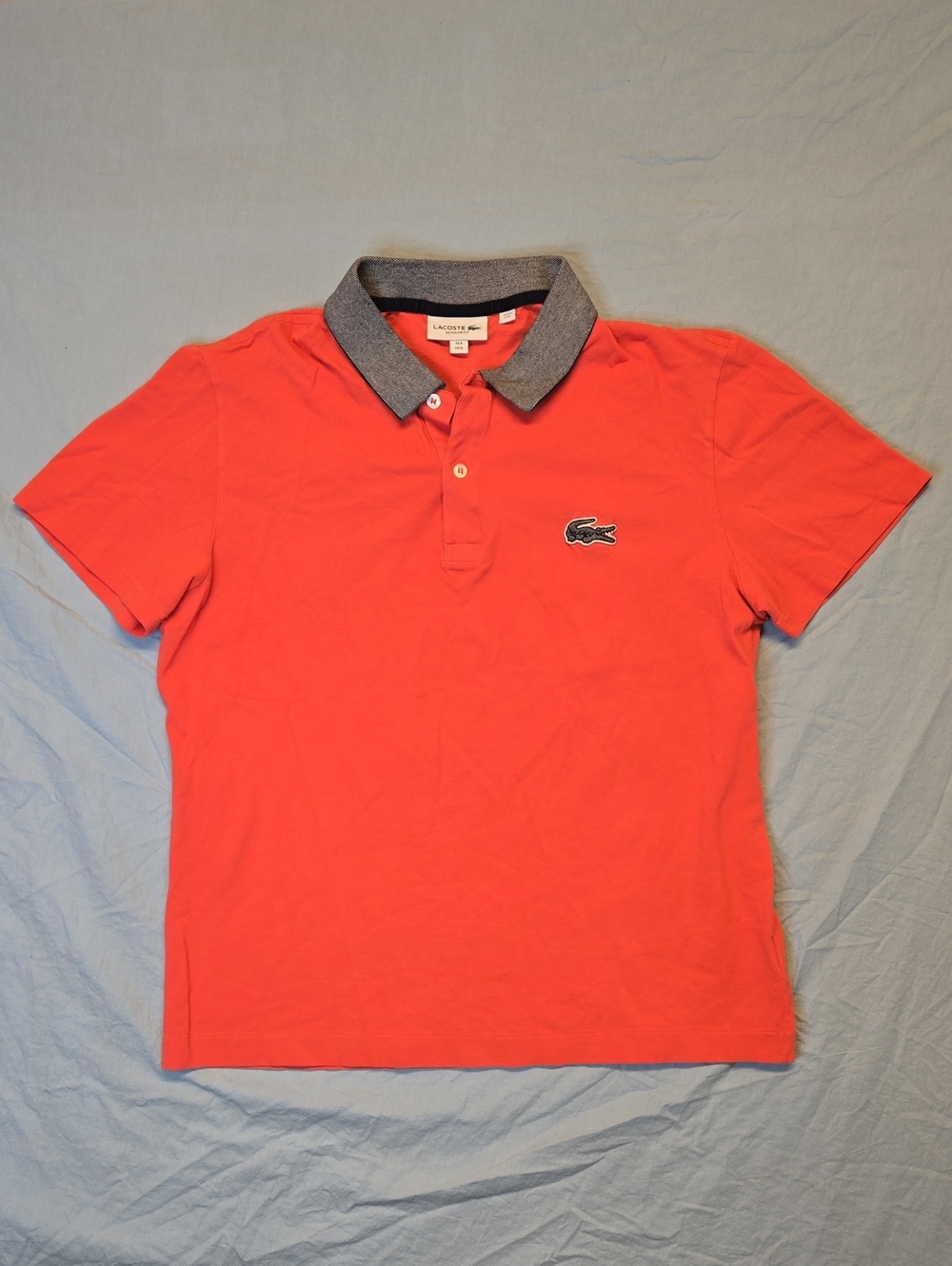 Lacoste 1/4 Button Down Coral Red Polo Shirt with Gray Contrast Collar